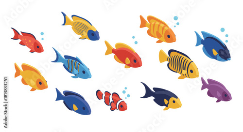 Bright tropical fish collection in vibrant colorful flat style