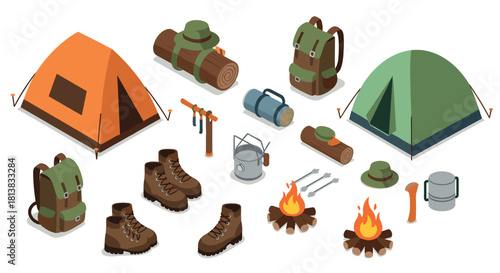 Isometric camping gear collection featuring tents, backpacks, and firewood