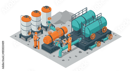 Industrial facility with workers inspecting equipment in isometric design