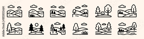 Contour landscape icons on light background