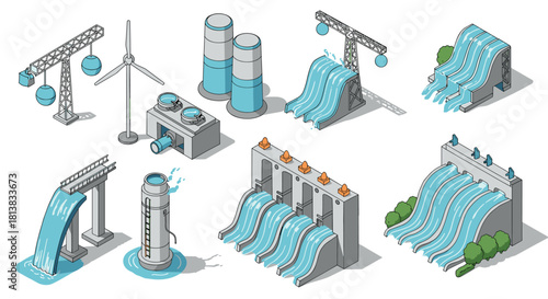 Isometric water industry icons: turbines, dams, and energy structures