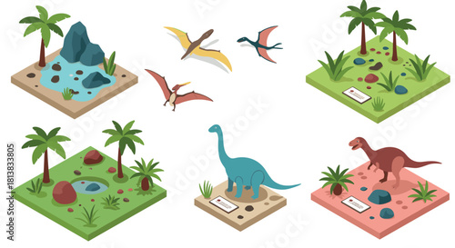 Isometric dinosaur park with prehistoric creatures and lush landscapes