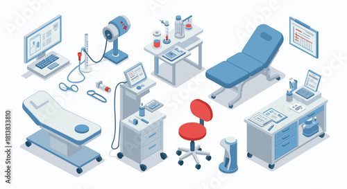 Isometric medical equipment and lab furniture set for healthcare and research centers