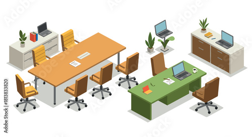 Modern isometric office furniture with desks, chairs, and laptops