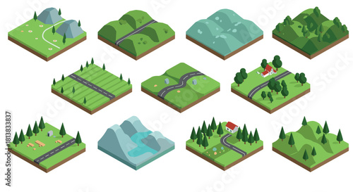 Collection of isometric landscape designs featuring mountains, forests, and roads