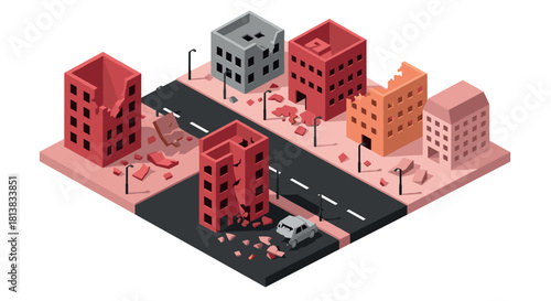 Isometric urban landscape with damaged buildings and debris on roads