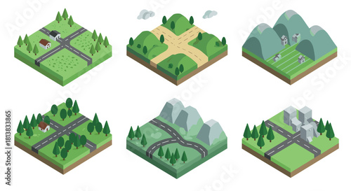 Isometric landscape set with roads and nature elements