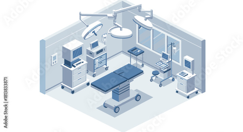 Modern isometric operating room with medical equipment in monochrome design
