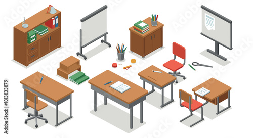 Isometric classroom furniture set with desks, chairs, and supplies on white background