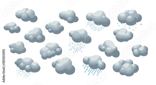 Collection of cloudy weather icons depicting various rain patterns
