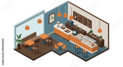 Cozy coffee shop interior in isometric 3d with modern furniture and decor elements