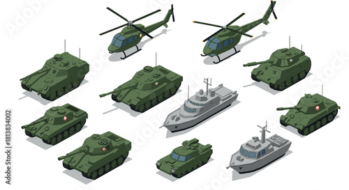 Isometric military vehicles and aircraft collection featuring tanks, helicopters, and patrol boats