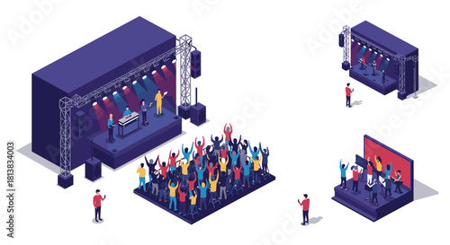 Isometric music concert with crowd and djs on stage in vibrant setting