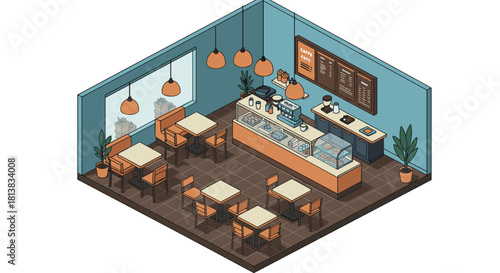 Modern isometric cafe interior with cozy decor and warm lighting