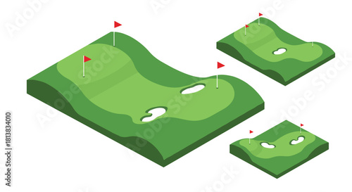 Isometric golf course design with three green variations featuring red flags