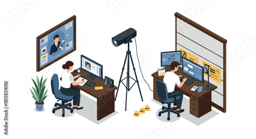 Business office surveillance with isometric view of desk setup and computer monitors