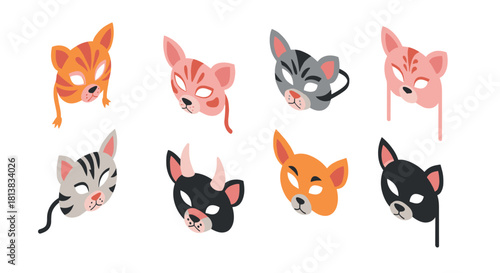Colorful animal masks set: cats and foxes in flat design with playful expressions
