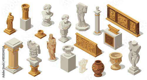 Classical greek and roman statues and columns in isometric art style