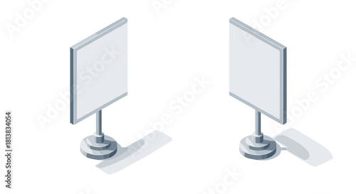 Isometric blank billboards on stands with shadows and light reflections