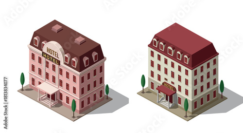 Charming isometric hotel buildings with trees and shadows