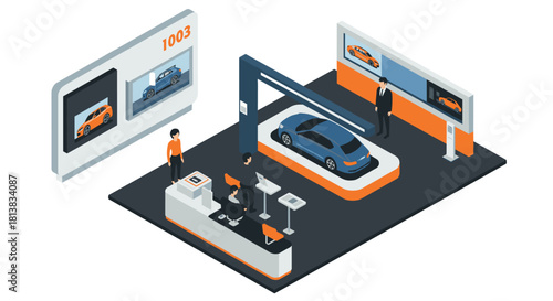 Isometric car showroom with interactive display and modern design elements