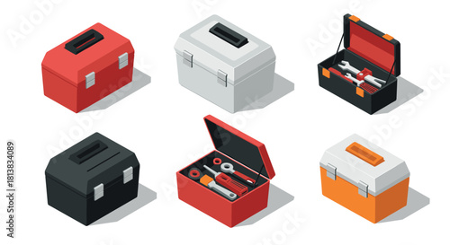 Isometric toolboxes with assorted tools in various colors and styles