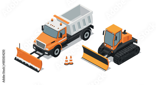 Isometric orange snowplow and bulldozer with traffic cones