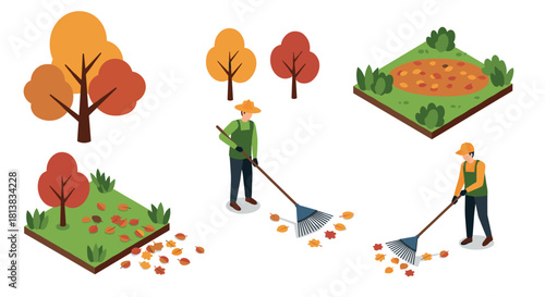 Isometric autumn gardening: raking leaves with colorful trees and landscapes