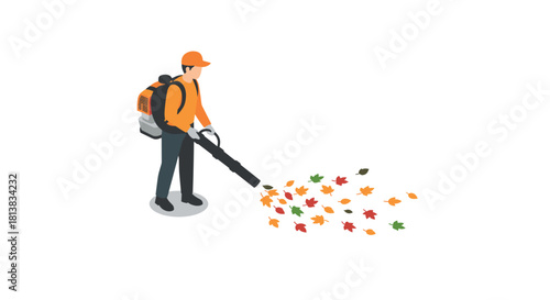 Isometric worker using leaf blower in autumn scene