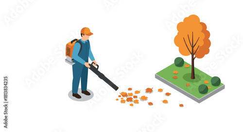 Isometric gardener with leaf blower clearing autumn leaves near tree