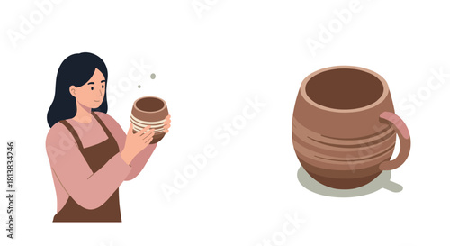 Pottery crafting: woman with cup and isolated ceramic mug design