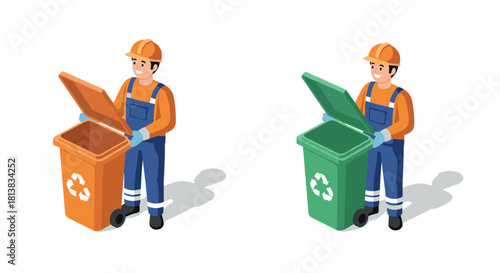 Isometric worker sorting waste into recycling bins for eco-friendly practices