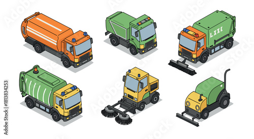 Isometric garbage and street cleaning trucks collection