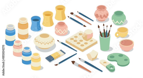 Ceramic painting supplies isometric art: brushes, pots, and paint palette on white background