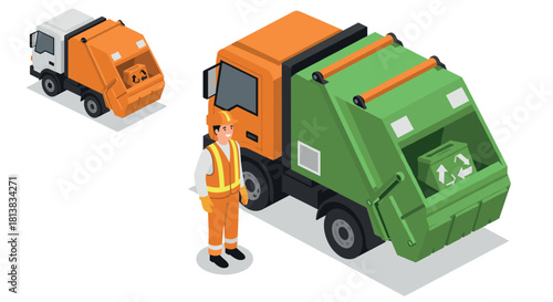 Isometric garbage trucks with worker in safety gear for waste management concept