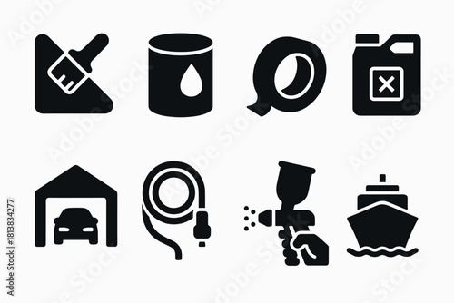 Silhouette icons of painting tools, garage, and marine elements