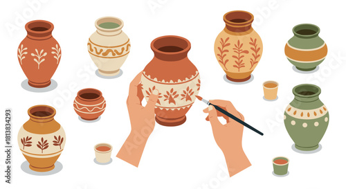 Artistic ceramic vases with hand-painted designs on white background