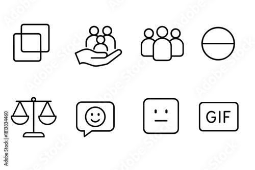 Minimal line icons set: people, balance, emotions, and symbols