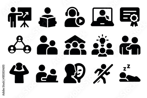 Business and communication icons: training, networking, and learning concepts in black silhouette