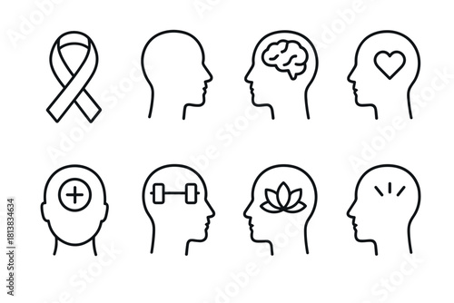 Minimalist icons representing mental health and wellness concepts in linear style