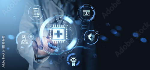 Futuristic healthcare technology interface with doctor interacting with digital medical icons in a modern innovation concept user interface background.