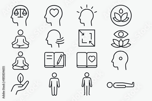 Minimalist icons for mental health and wellness: mindfulness, meditation, and self-care