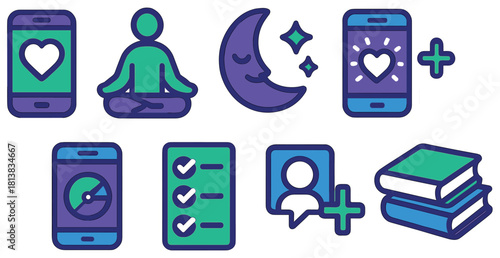 Colorful digital wellness icons: meditation, health apps, sleep, education