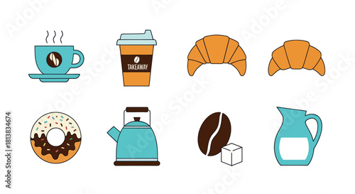 Breakfast icons coffee cup takeaway croissant donut kettle coffee bean