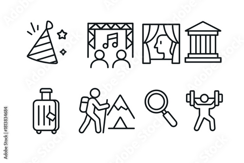 Minimalist icon set: party, travel, hiking, music, culture, fitness, exploration