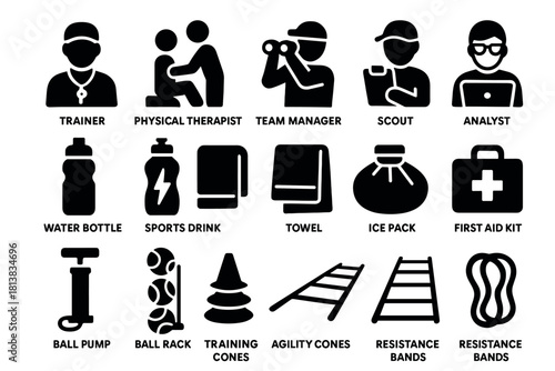 Athletic training essentials silhouette icons featuring equipment and staff roles