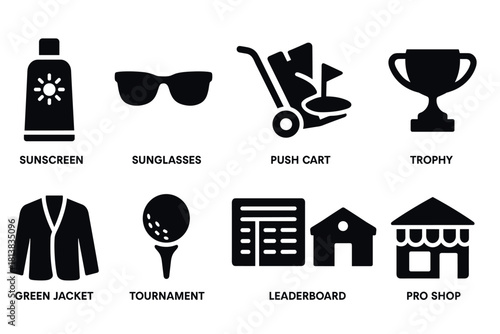 Golf essentials icons set featuring cart, trophy, and accessories in bold silhouette style
