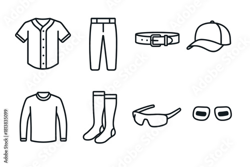 Outline icons of baseball gear and accessories for sports enthusiasts