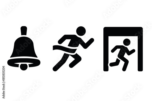 Emergency evacuation icons: alarm bell, running person, exit door symbol