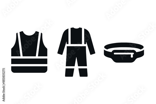 Safety gear icons: vest, overalls, and tool belt silhouettes for construction